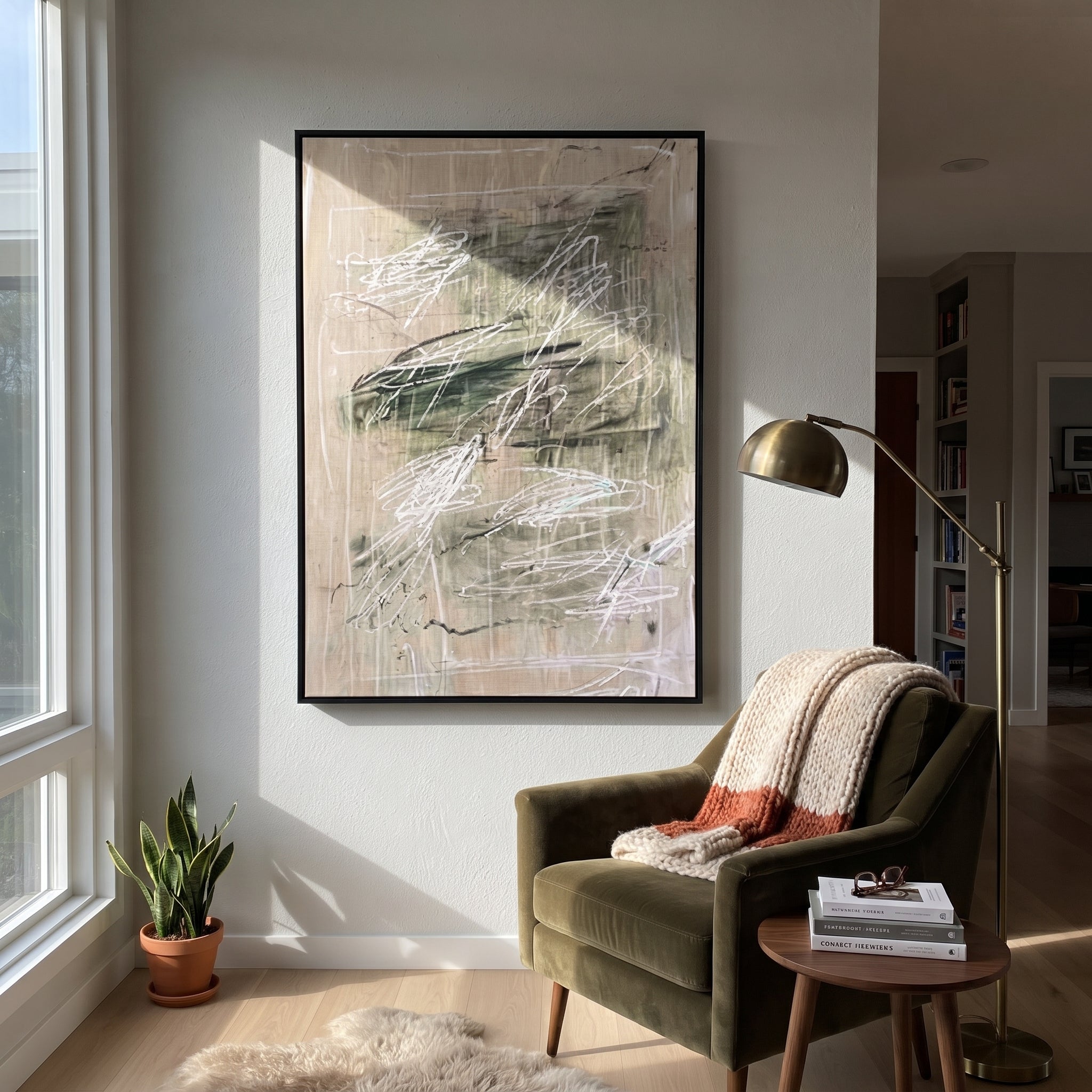 Green Traces Drift Gray - green abstract texture painting by Elliot Vale, modern figurative vertical wall art - styled room scene view 4