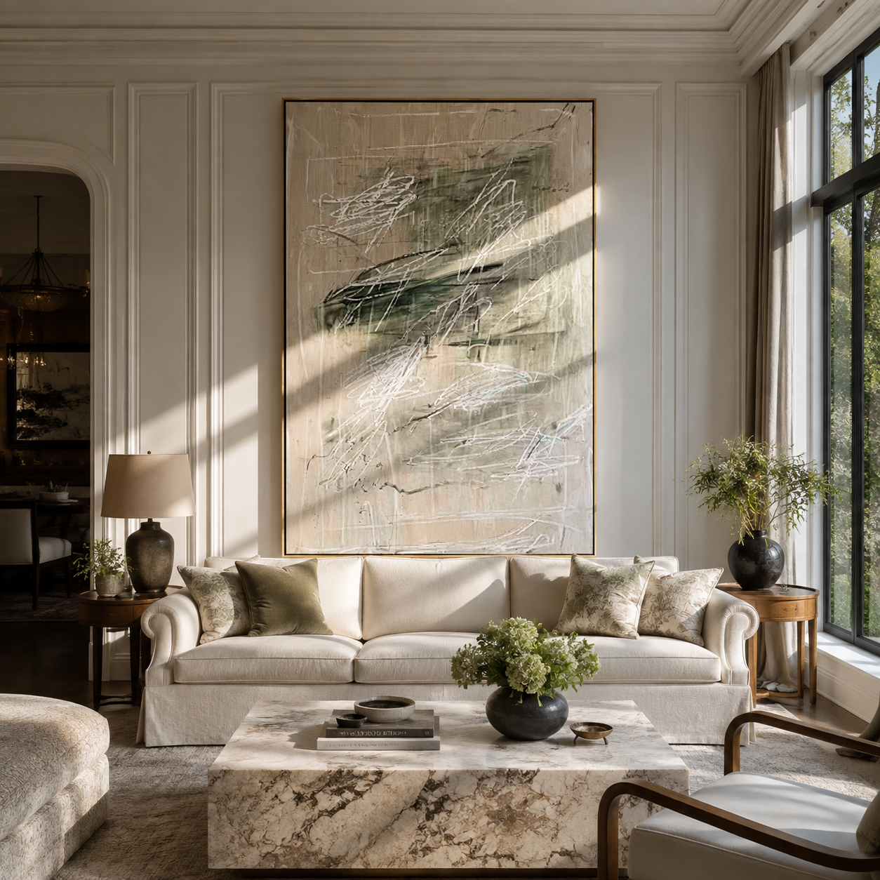 Green Traces Drift Gray - green abstract texture painting by Elliot Vale, modern figurative vertical wall art - styled room scene view 5