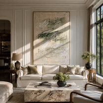 Green Traces Drift Gray - green abstract texture painting by Elliot Vale, modern figurative vertical wall art - styled room scene view 5