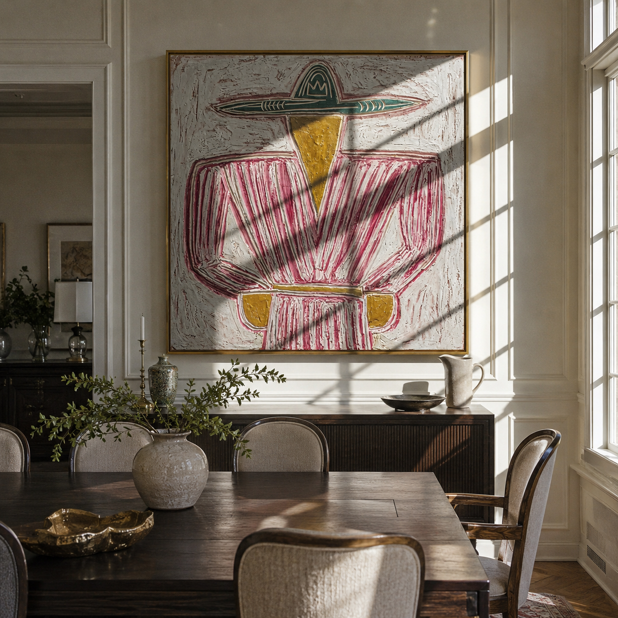 Teal Brim Holds Magenta - magenta striped sombrero painting by Elliot Vale, modern figurative square wall art - styled room scene view 1
