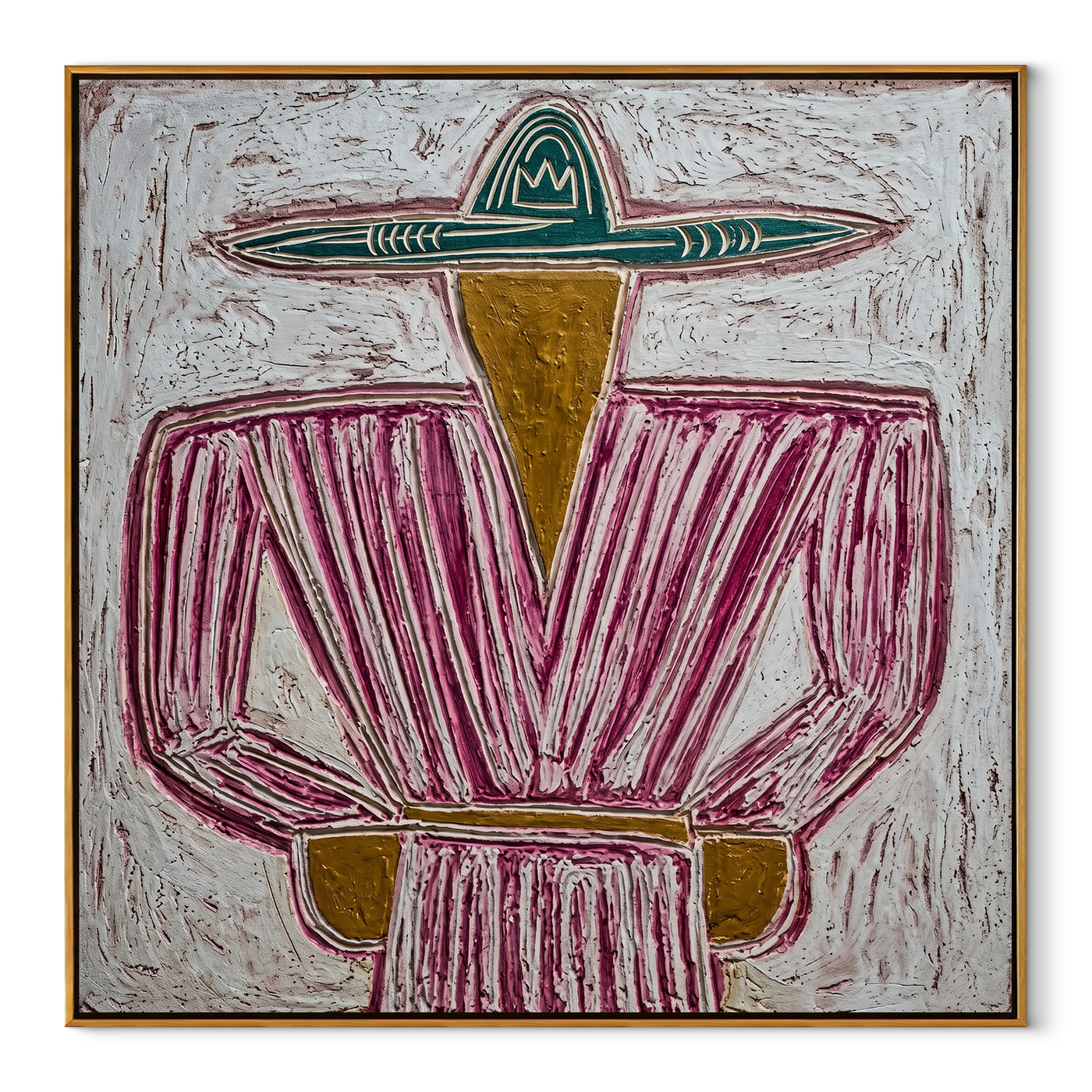 Teal Brim Holds Magenta - magenta striped sombrero painting by Elliot Vale, modern figurative square wall art - framed artwork on white background