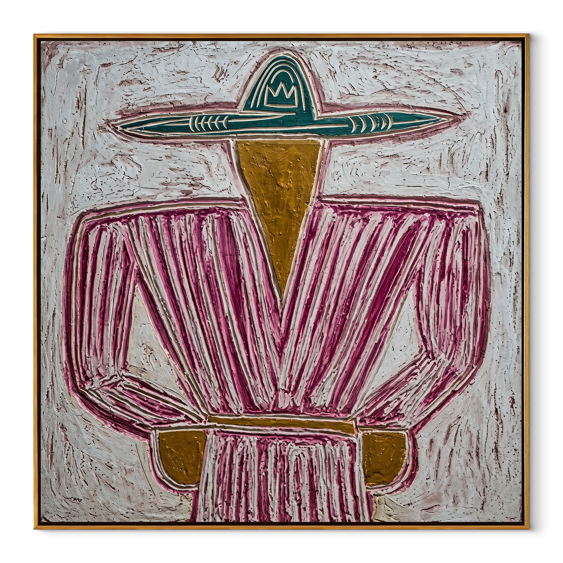 Teal Brim Holds Magenta - magenta striped sombrero painting by Elliot Vale, modern figurative square wall art - framed artwork on white background