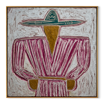 Teal Brim Holds Magenta - magenta striped sombrero painting by Elliot Vale, modern figurative square wall art - framed artwork on white background