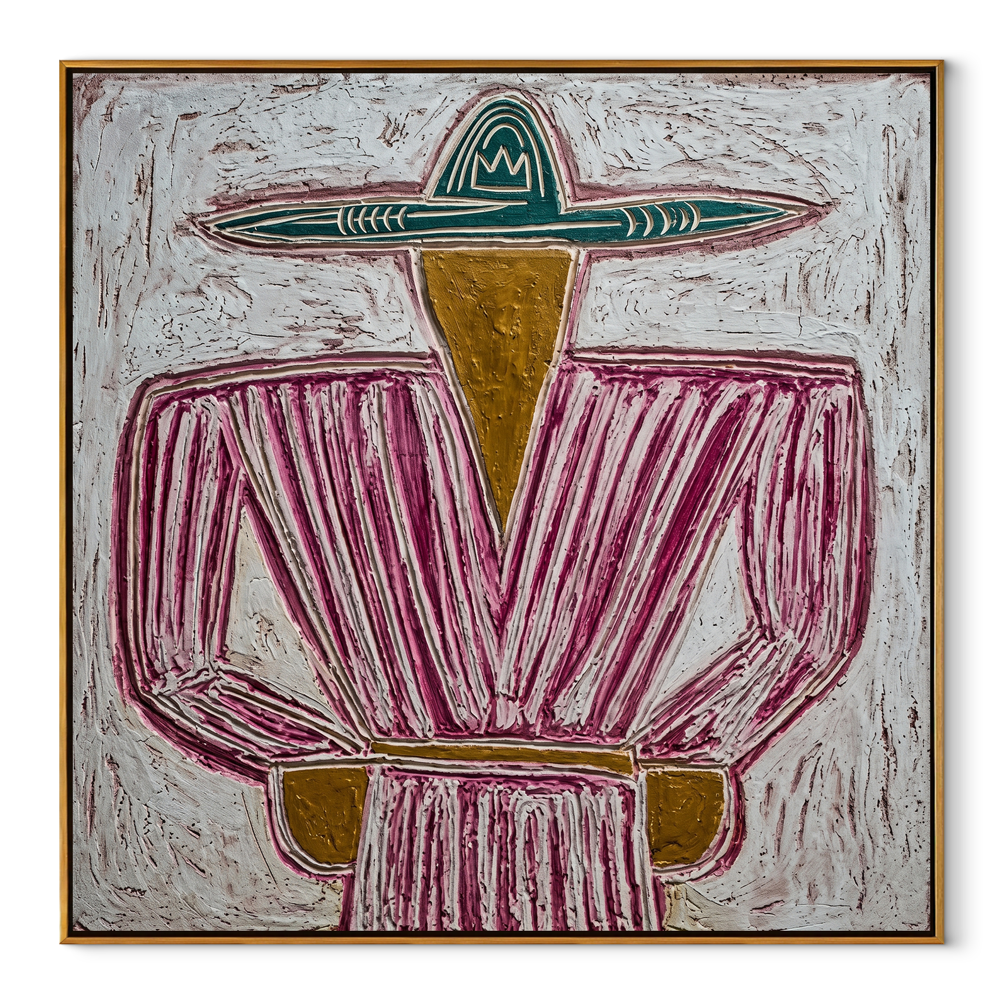 Teal Brim Holds Magenta - magenta striped sombrero painting by Elliot Vale, modern figurative square wall art - framed artwork on white background