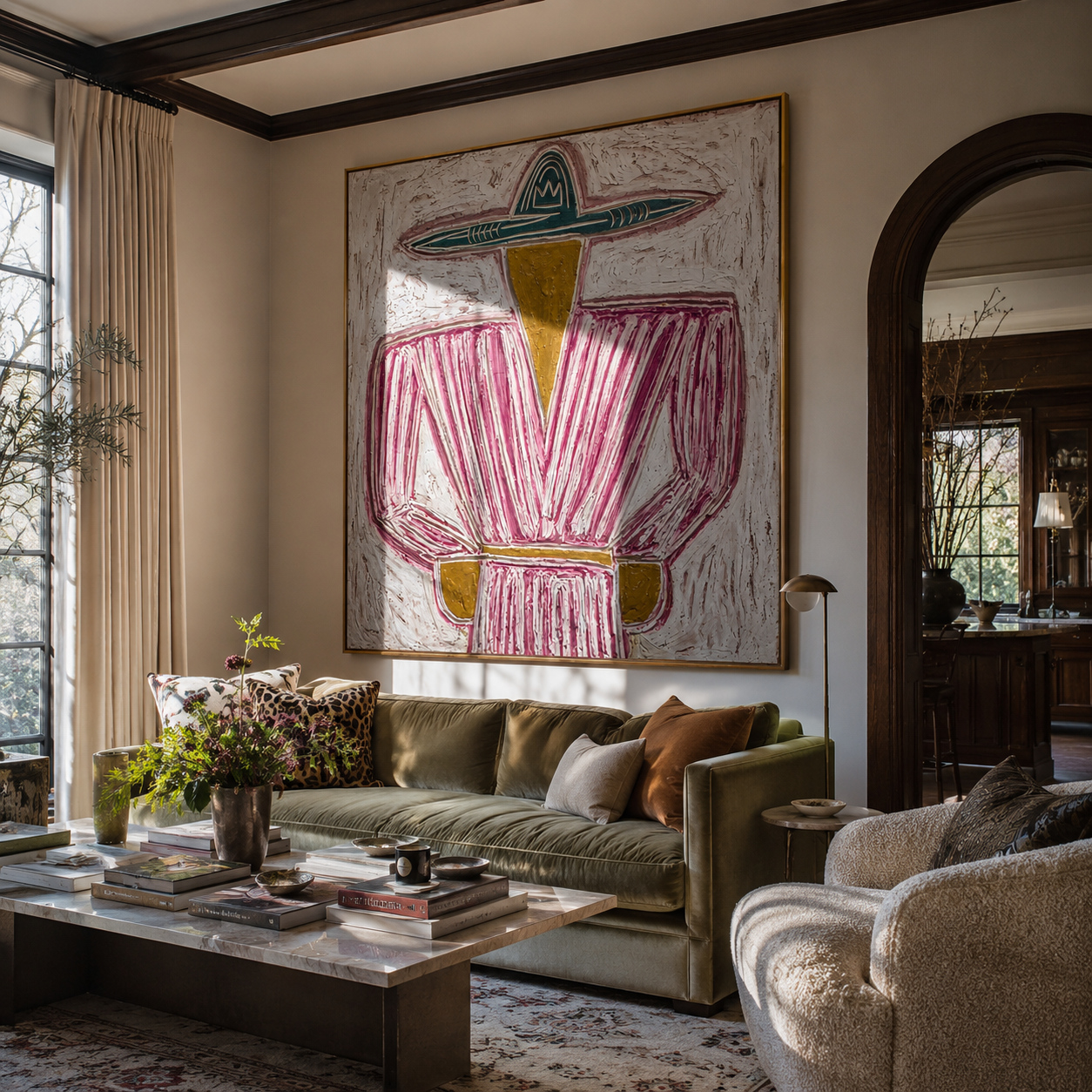 Teal Brim Holds Magenta - magenta striped sombrero painting by Elliot Vale, modern figurative square wall art - styled room scene view 2