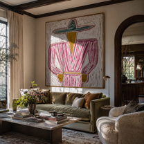 Teal Brim Holds Magenta - magenta striped sombrero painting by Elliot Vale, modern figurative square wall art - styled room scene view 2