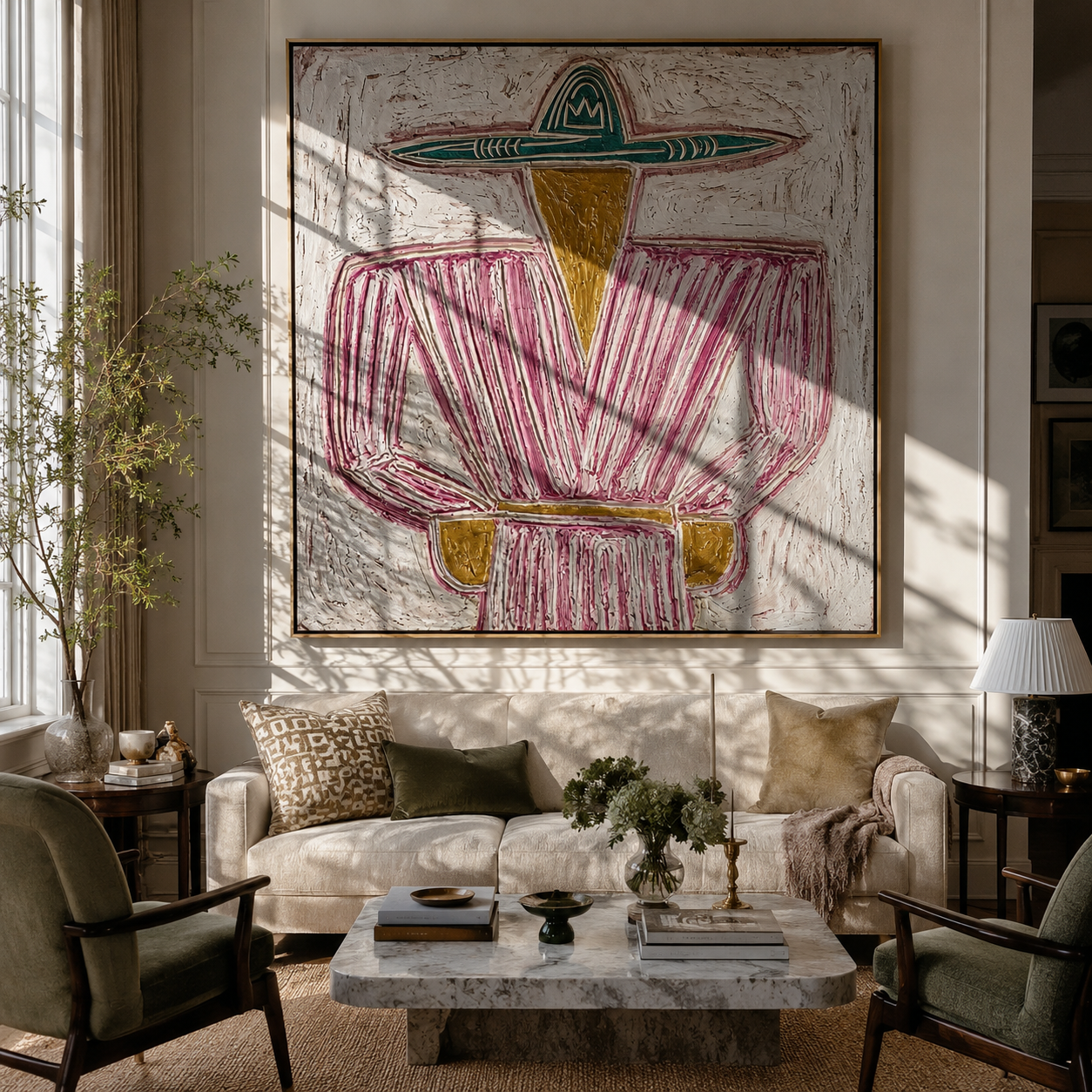 Teal Brim Holds Magenta - magenta striped sombrero painting by Elliot Vale, modern figurative square wall art - styled room scene view 5