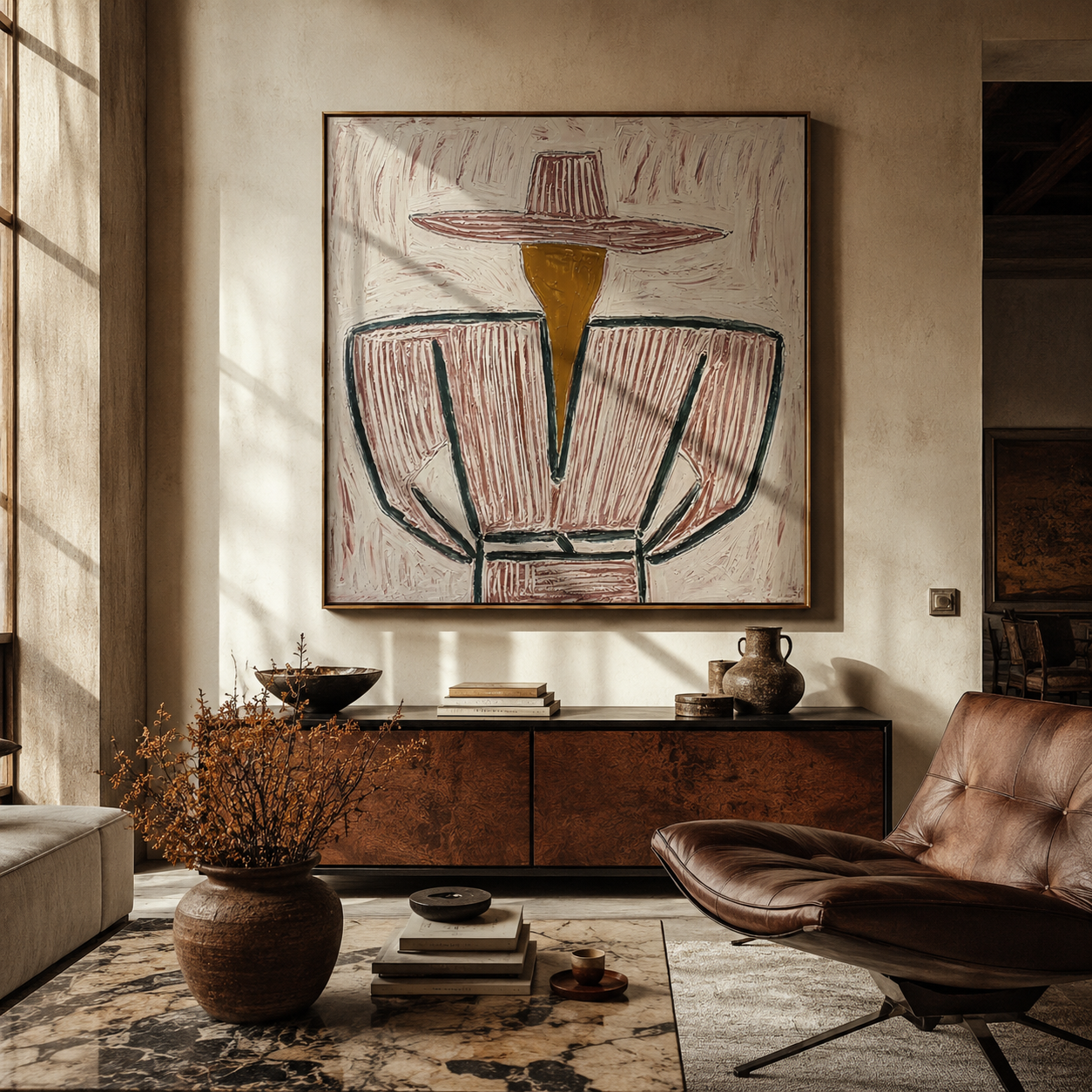 Rose Brim Wraps Gray - gray striped sombrero painting by Elliot Vale, modern figurative square wall art - styled room scene view 1