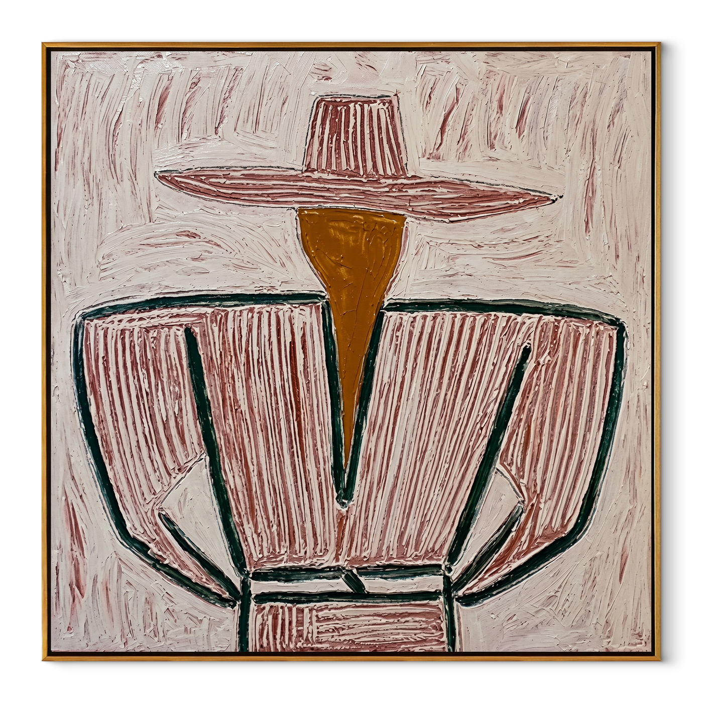 Rose Brim Wraps Gray - gray striped sombrero painting by Elliot Vale, modern figurative square wall art - framed artwork on white background