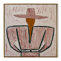 Rose Brim Wraps Gray - gray striped sombrero painting by Elliot Vale, modern figurative square wall art - framed artwork on white background