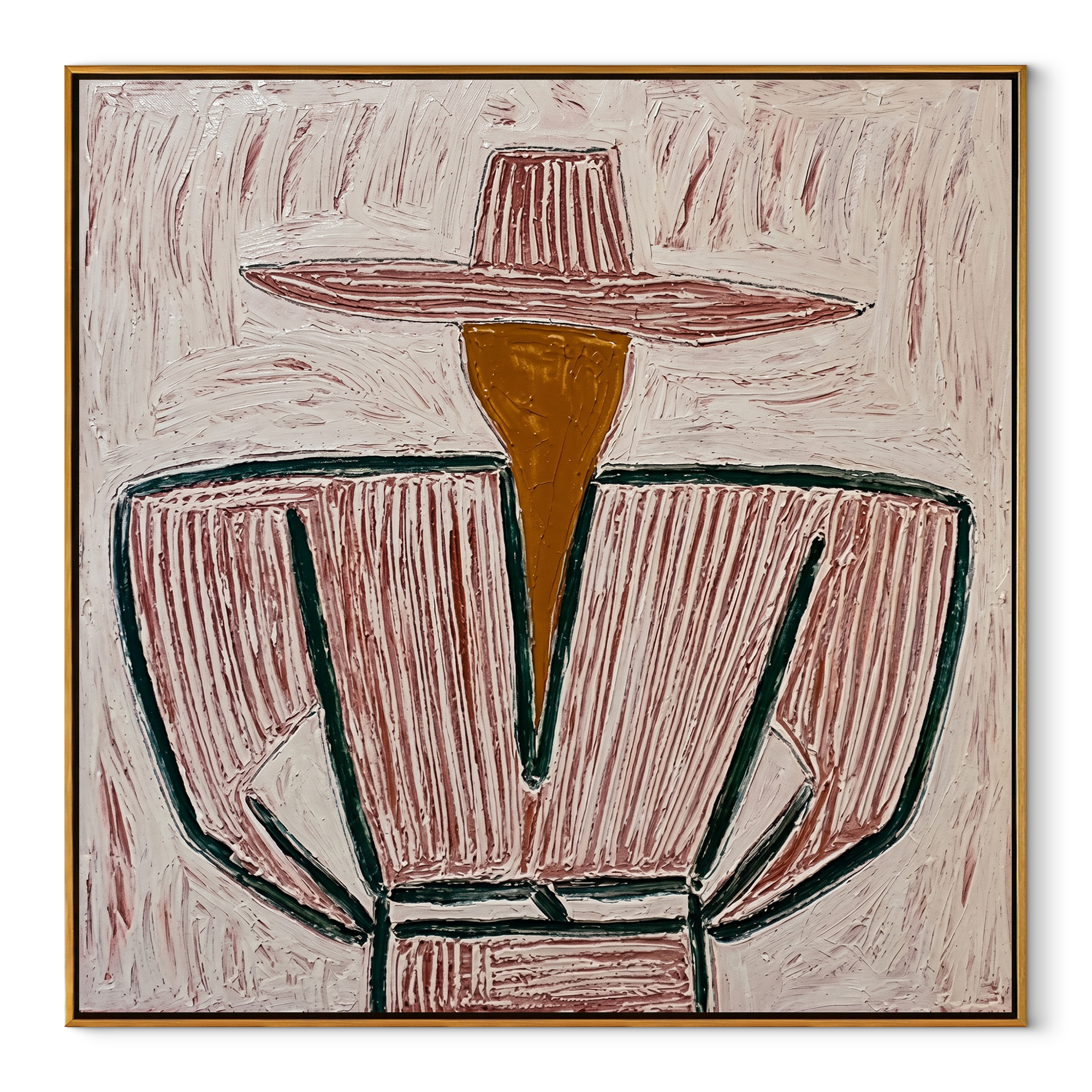 Rose Brim Wraps Gray - gray striped sombrero painting by Elliot Vale, modern figurative square wall art - framed artwork on white background