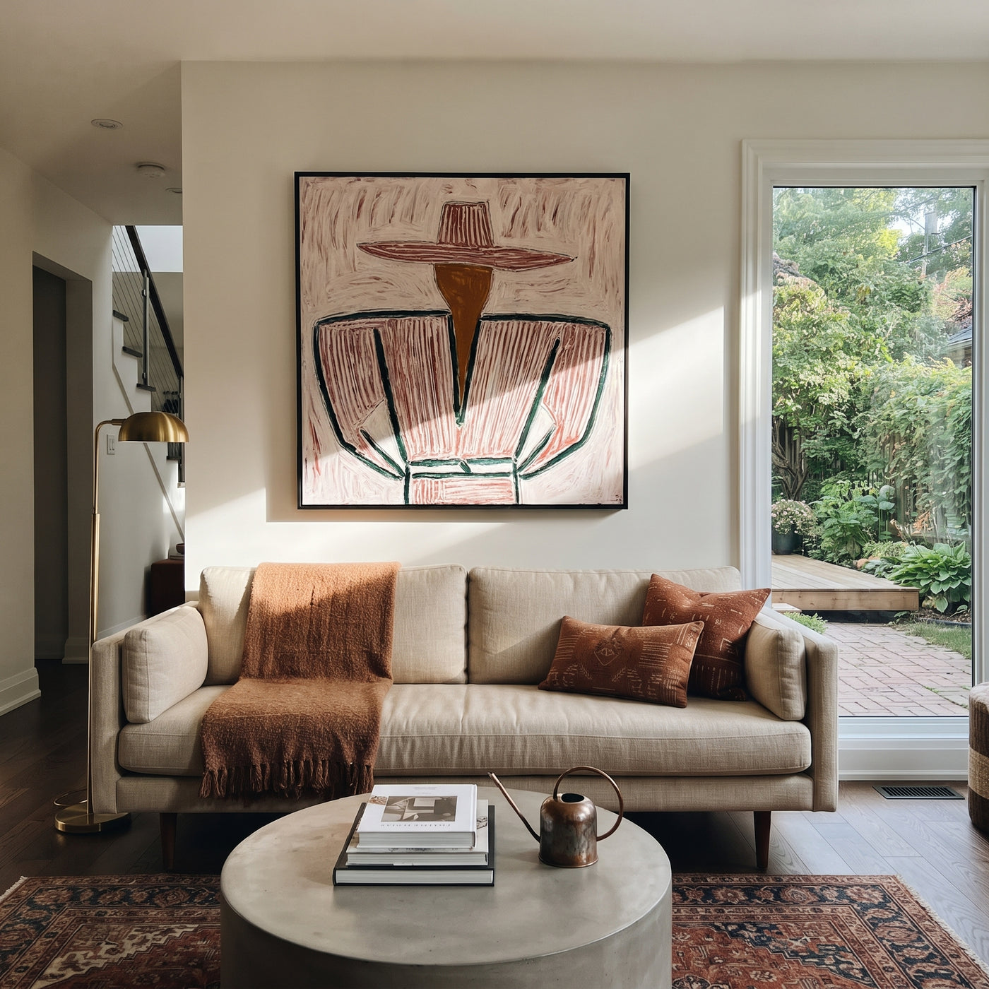 Rose Brim Wraps Gray - gray striped sombrero painting by Elliot Vale, modern figurative square wall art - styled room scene view 2