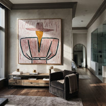 Rose Brim Wraps Gray - gray striped sombrero painting by Elliot Vale, modern figurative square wall art - styled room scene view 3