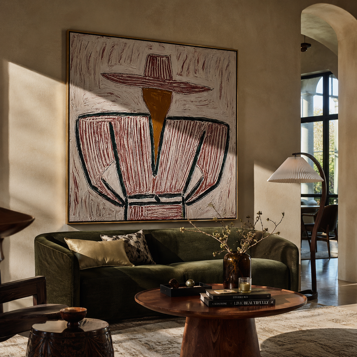 Rose Brim Wraps Gray - gray striped sombrero painting by Elliot Vale, modern figurative square wall art - styled room scene view 4