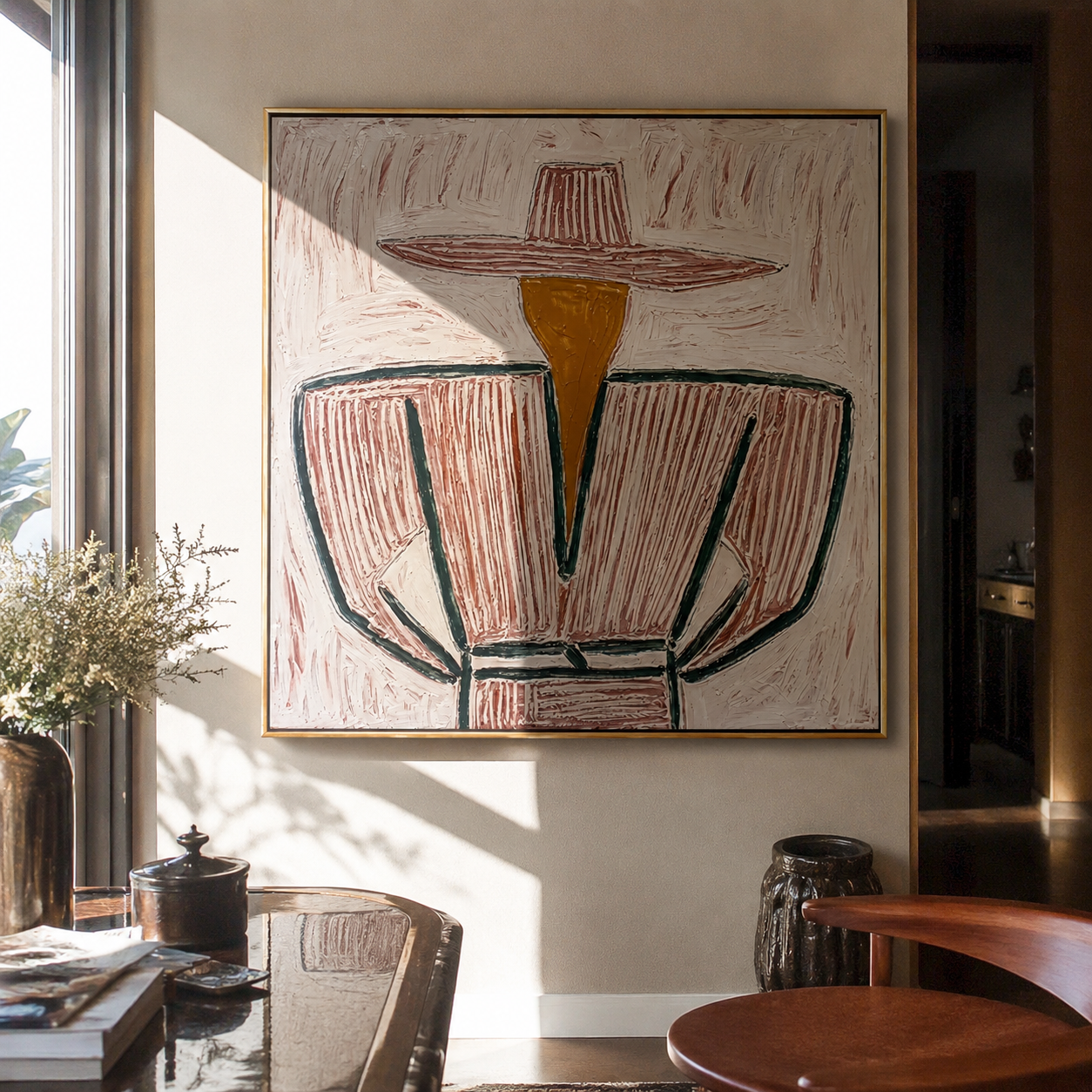 Rose Brim Wraps Gray - gray striped sombrero painting by Elliot Vale, modern figurative square wall art - styled room scene view 5