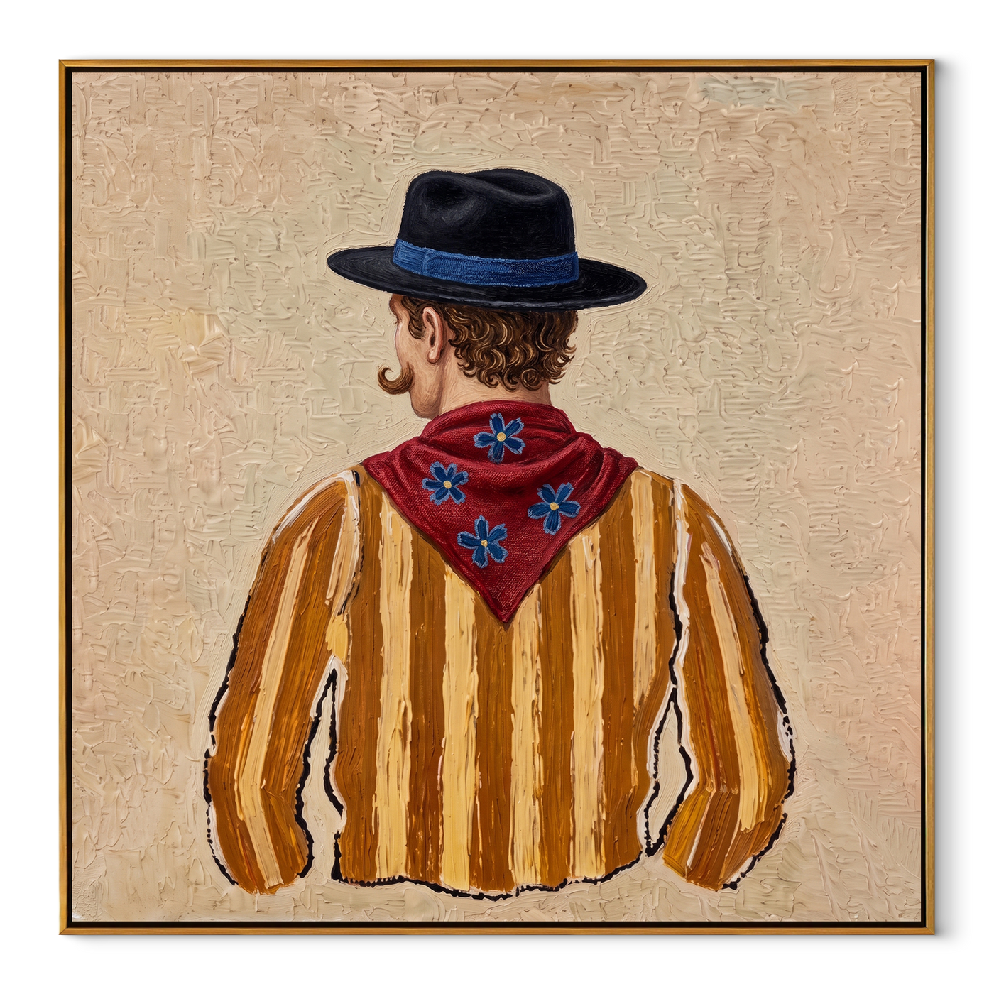 Blue Hat Guards Flowers - back view cowboy painting by Elliot Vale, modern figurative square wall art - framed artwork on white background