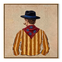 Blue Hat Guards Flowers - back view cowboy painting by Elliot Vale, modern figurative square wall art - framed artwork on white background