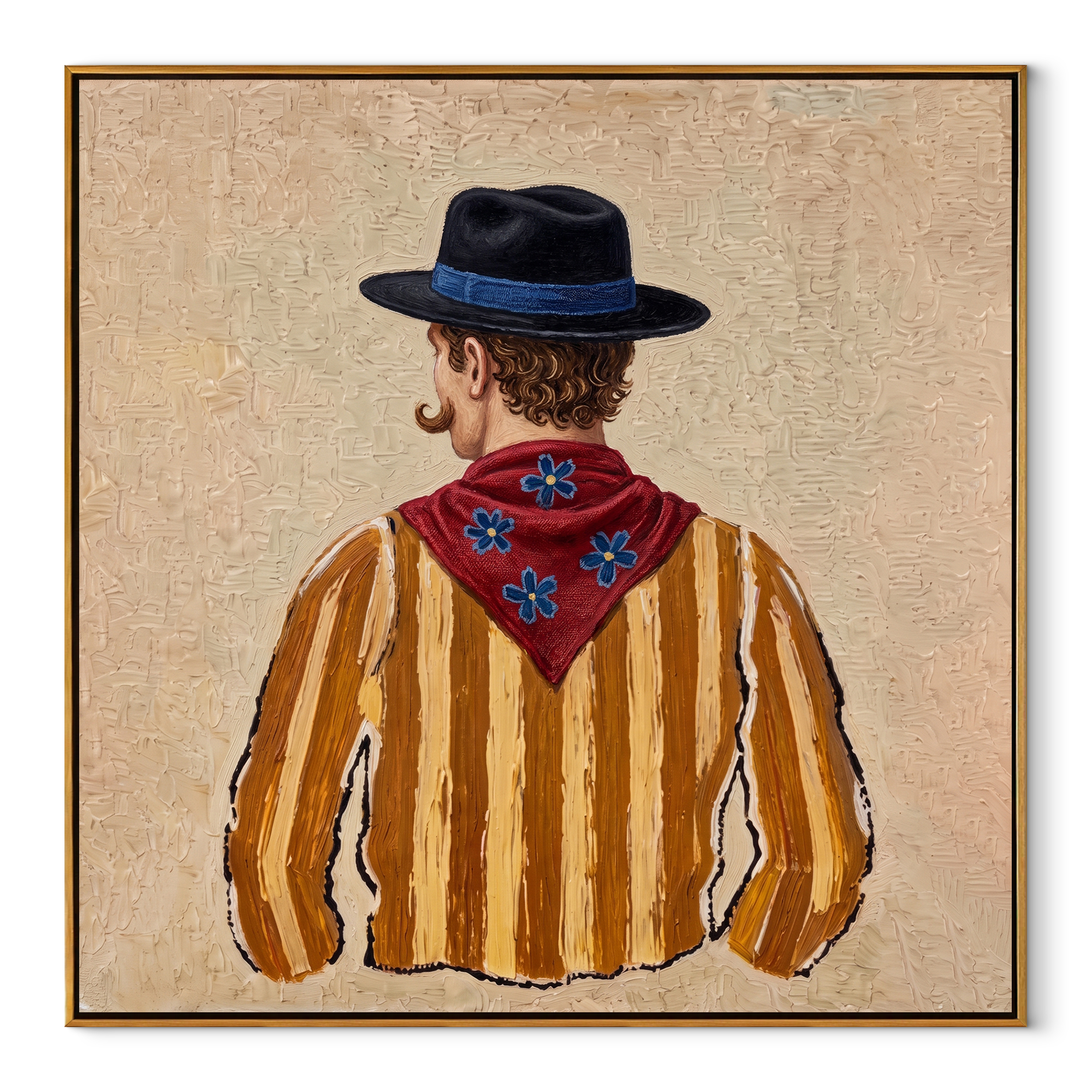 Blue Hat Guards Flowers - back view cowboy painting by Elliot Vale, modern figurative square wall art - framed artwork on white background