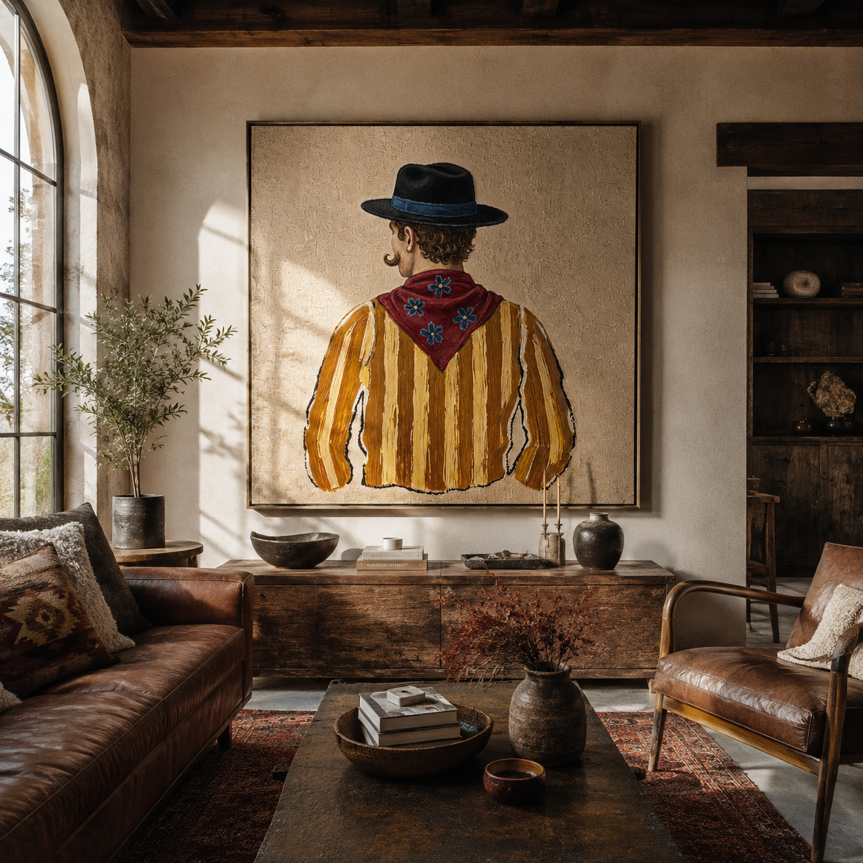 Blue Hat Guards Flowers - back view cowboy painting by Elliot Vale, modern figurative square wall art - styled room scene view 2