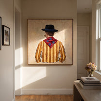 Blue Hat Guards Flowers - back view cowboy painting by Elliot Vale, modern figurative square wall art - styled room scene view 4