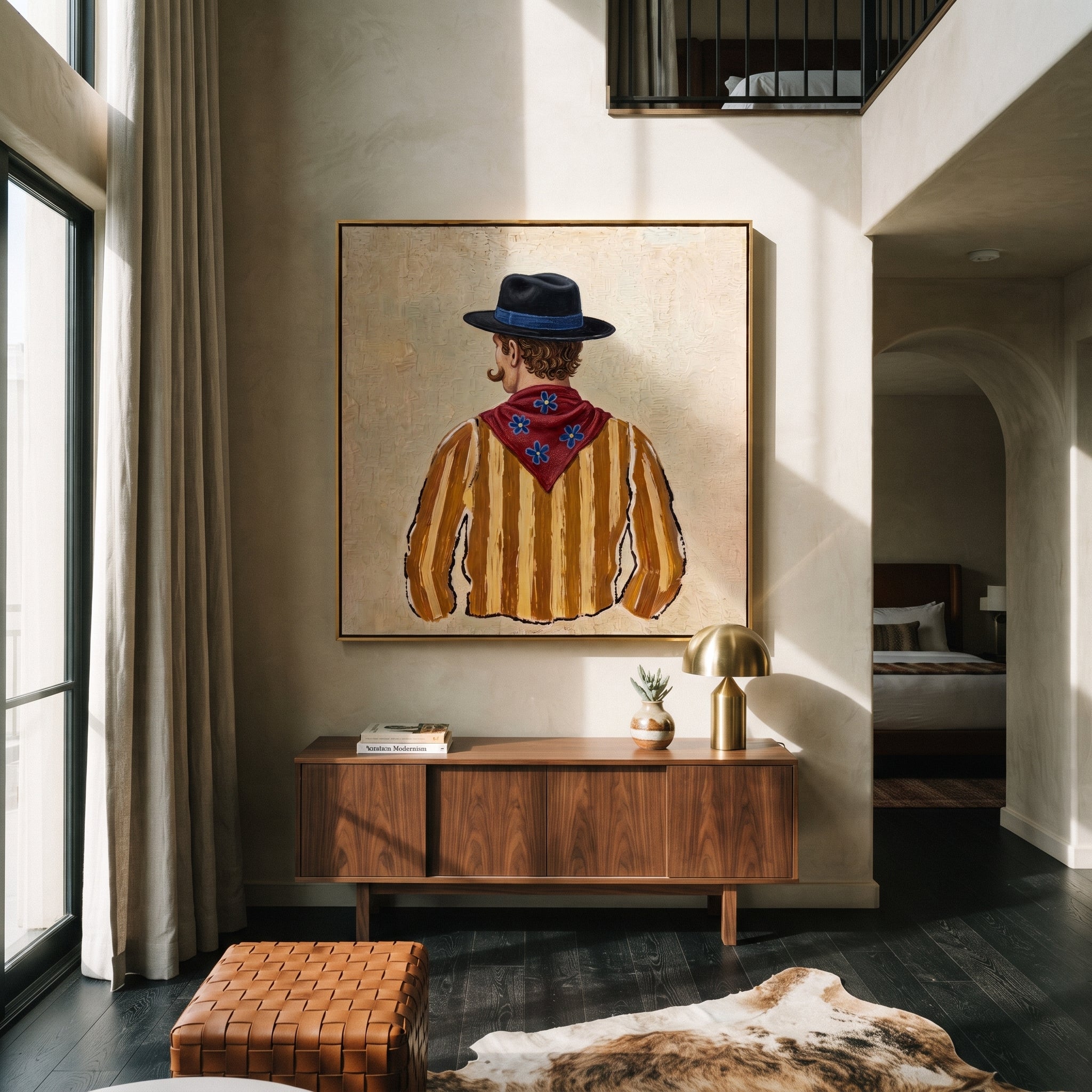 Blue Hat Guards Flowers - back view cowboy painting by Elliot Vale, modern figurative square wall art - styled room scene view 5