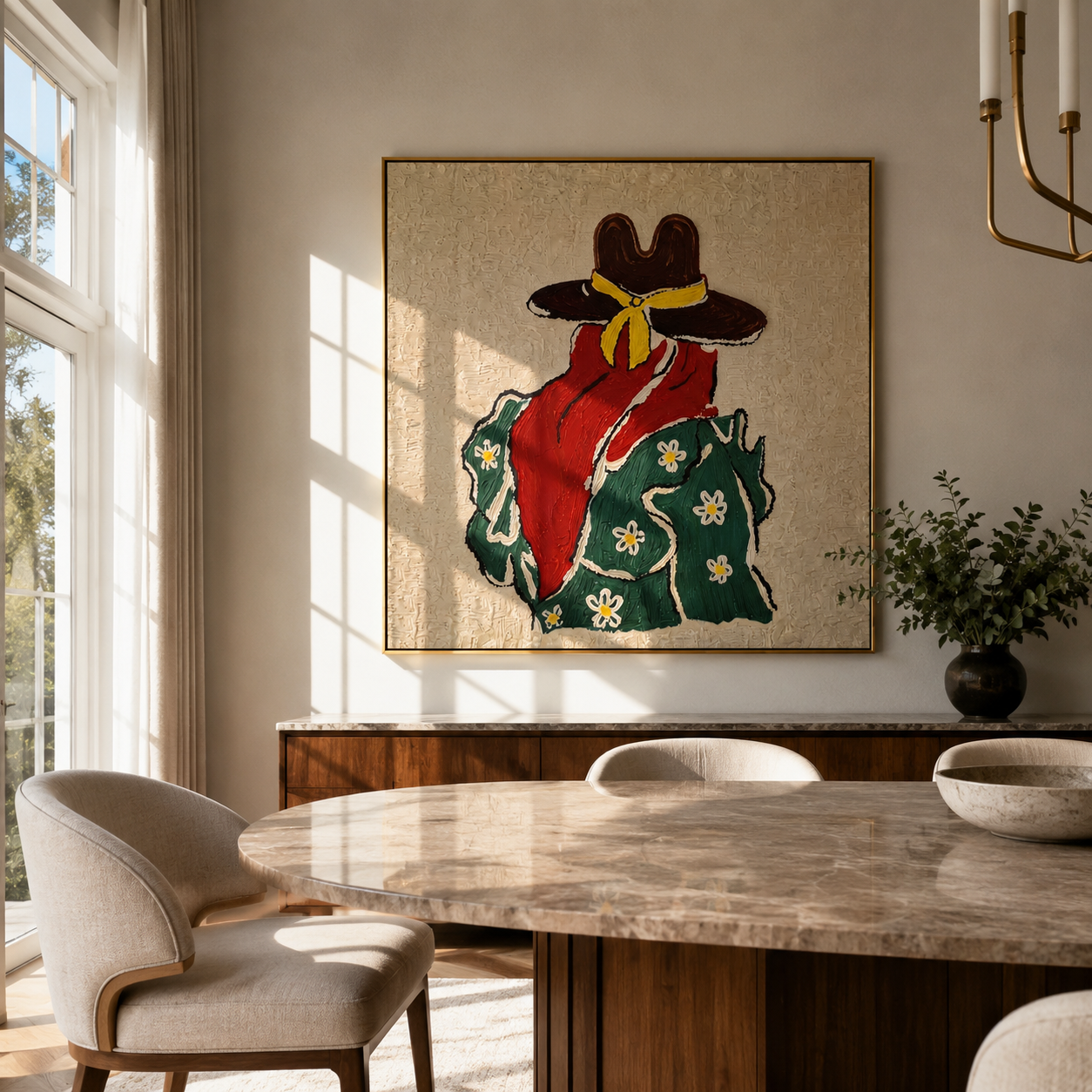 Yellow Scarf Meets Daisies - back view cowgirl painting by Elliot Vale, modern figurative square wall art - styled room scene view 1