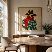 Yellow Scarf Meets Daisies - back view cowgirl painting by Elliot Vale, modern figurative square wall art - styled room scene view 1