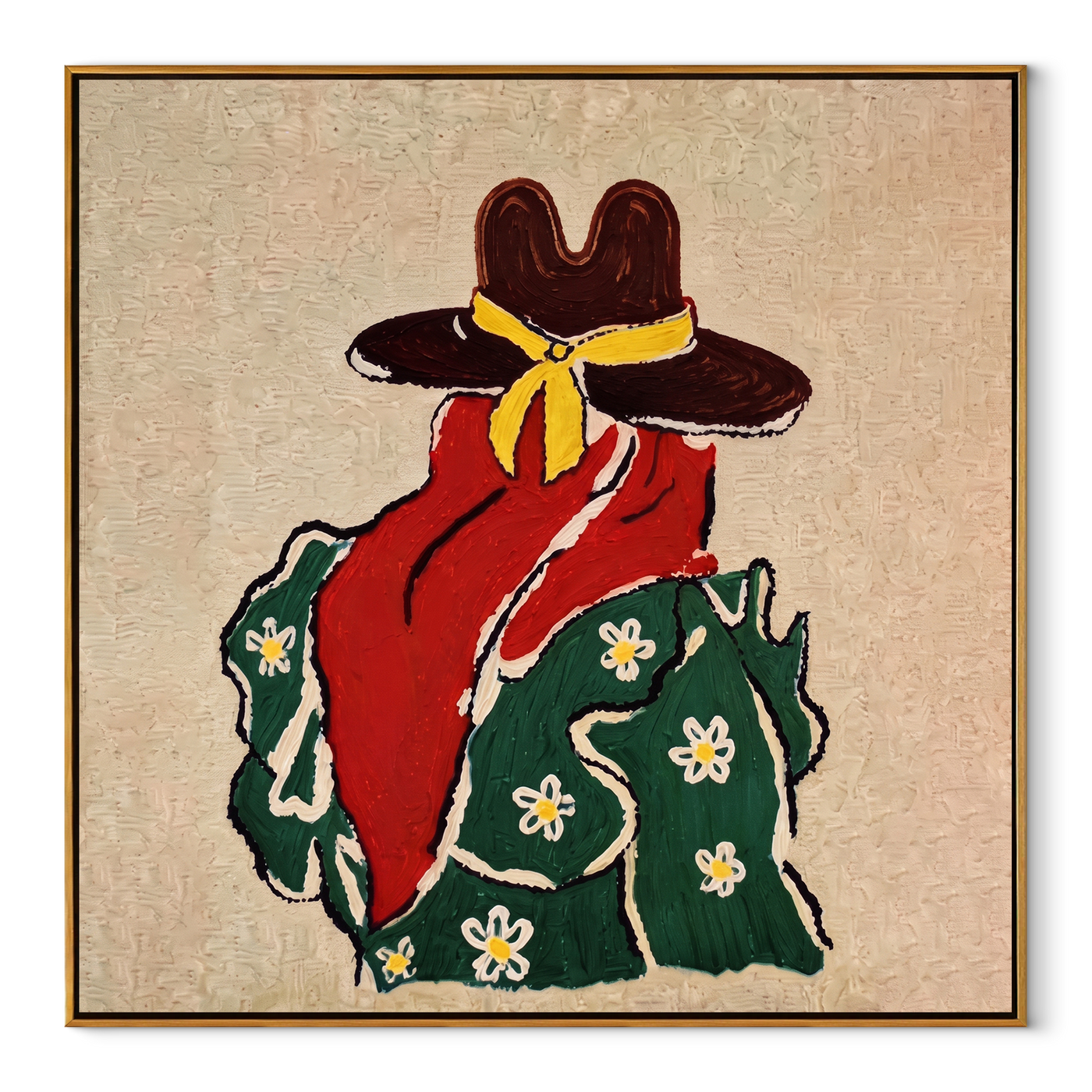Yellow Scarf Meets Daisies - back view cowgirl painting by Elliot Vale, modern figurative square wall art - framed artwork on white background