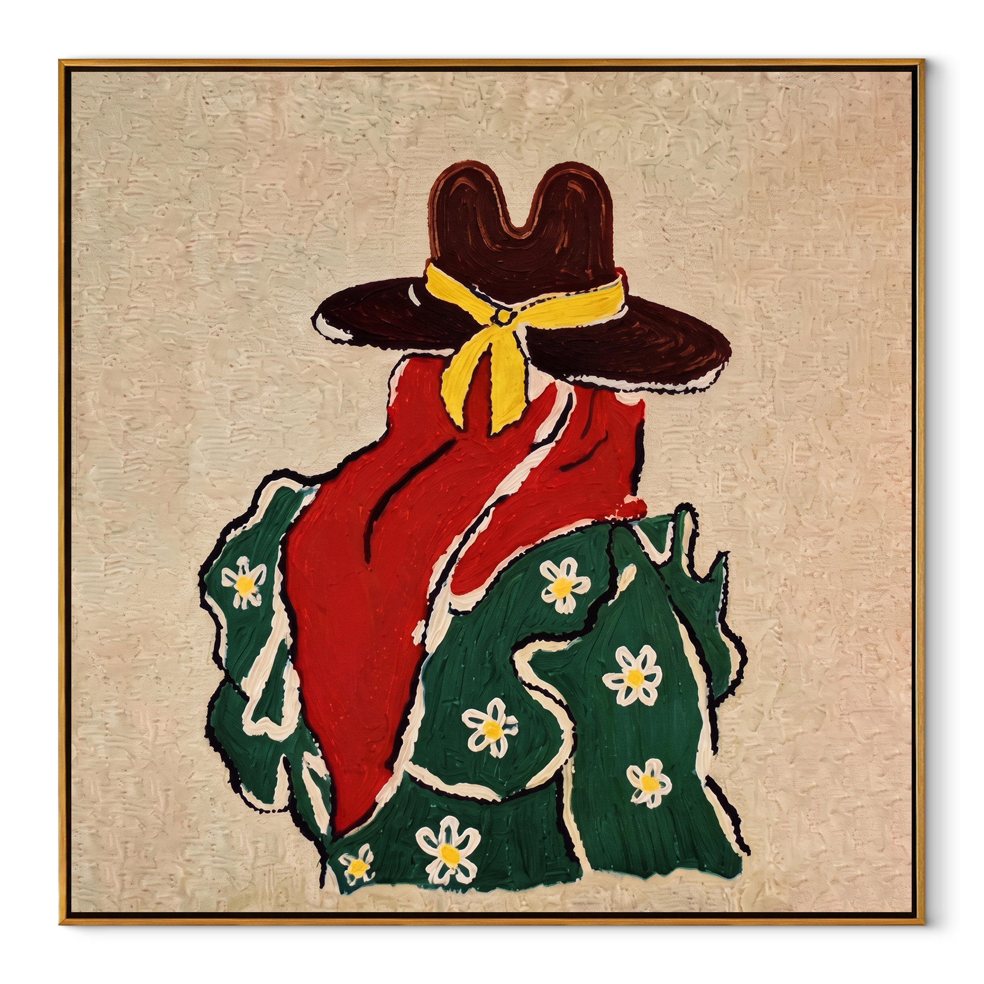Yellow Scarf Meets Daisies - back view cowgirl painting by Elliot Vale, modern figurative square wall art - framed artwork on white background