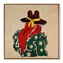 Yellow Scarf Meets Daisies - back view cowgirl painting by Elliot Vale, modern figurative square wall art - framed artwork on white background