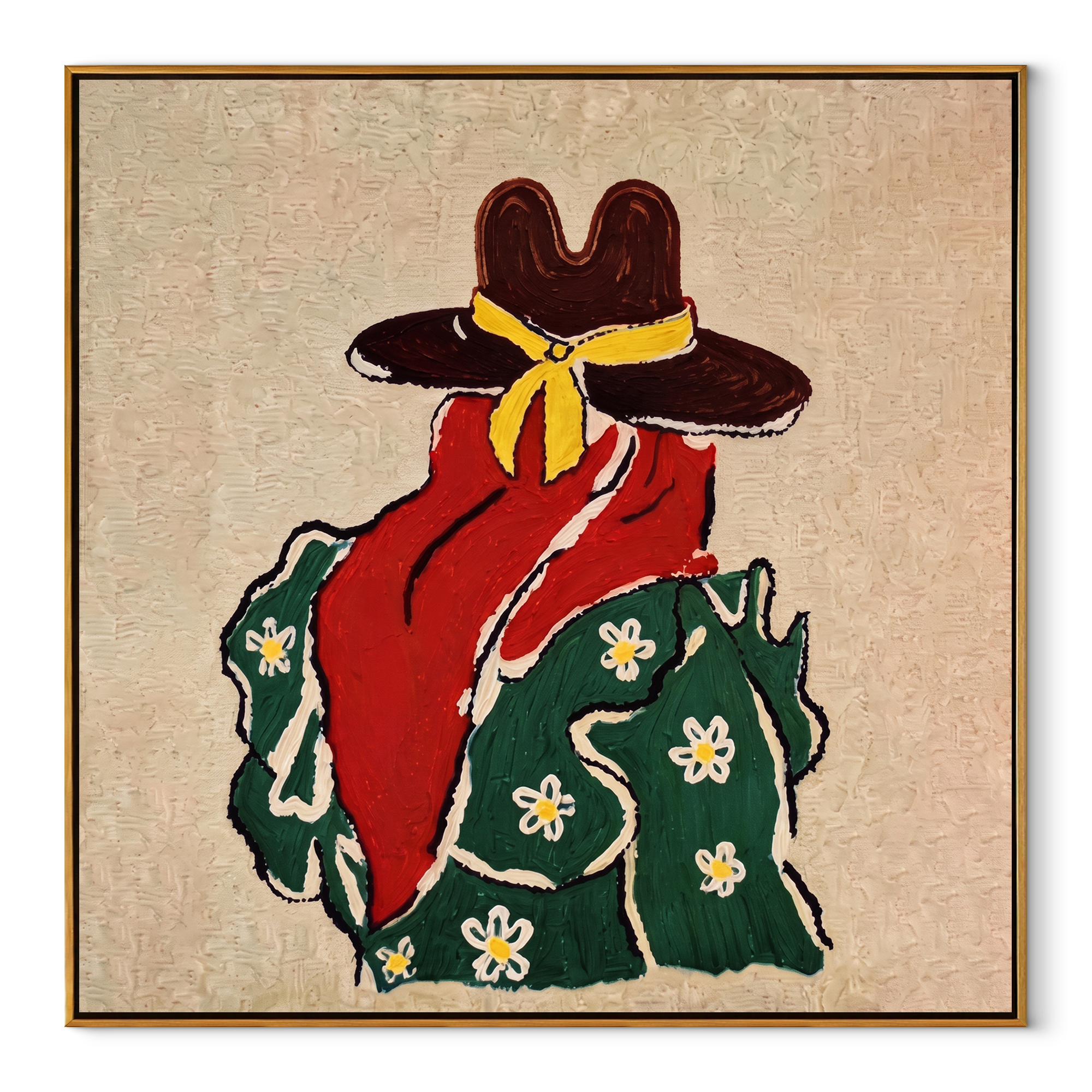 Yellow Scarf Meets Daisies - back view cowgirl painting by Elliot Vale, modern figurative square wall art - framed artwork on white background