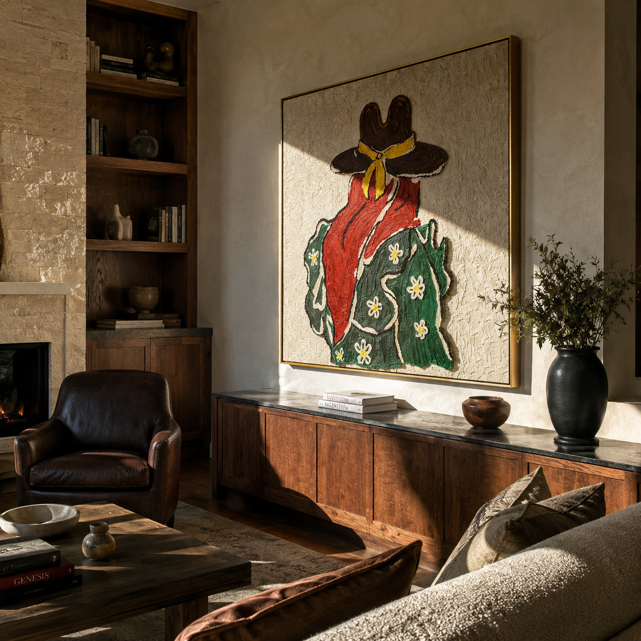 Yellow Scarf Meets Daisies - back view cowgirl painting by Elliot Vale, modern figurative square wall art - styled room scene view 2