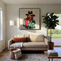 Yellow Scarf Meets Daisies - back view cowgirl painting by Elliot Vale, modern figurative square wall art - styled room scene view 3