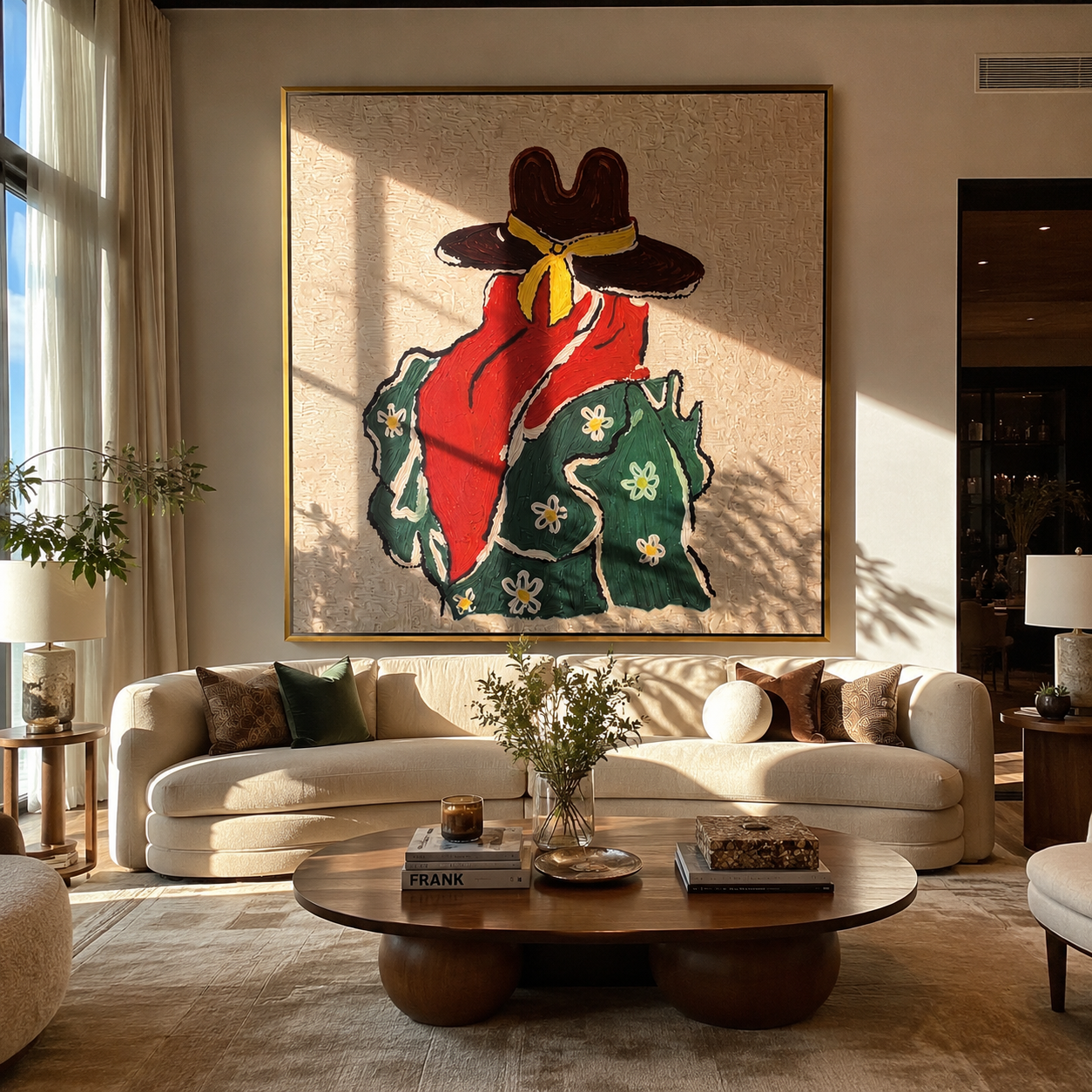 Yellow Scarf Meets Daisies - back view cowgirl painting by Elliot Vale, modern figurative square wall art - styled room scene view 4