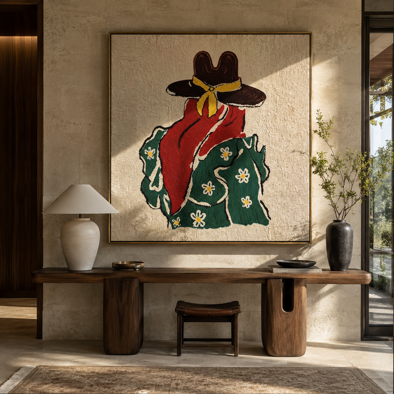 Yellow Scarf Meets Daisies - back view cowgirl painting by Elliot Vale, modern figurative square wall art - styled room scene view 5