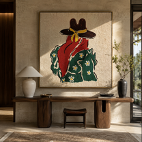 Yellow Scarf Meets Daisies - back view cowgirl painting by Elliot Vale, modern figurative square wall art - styled room scene view 5