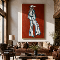 Long Strides Cross Ember - textured white Western figure by Elliot Vale, modern figurative vertical wall art - styled room scene view 1
