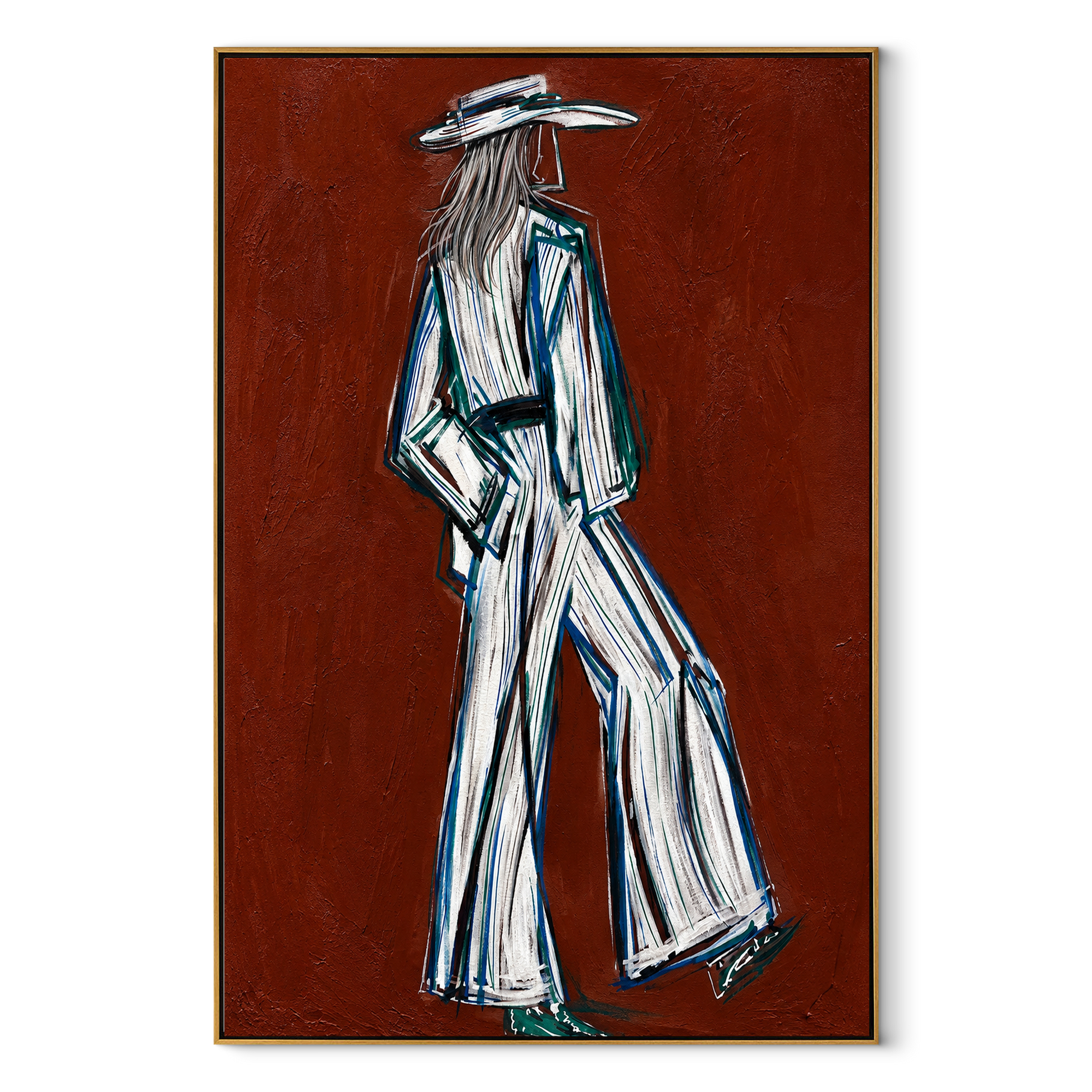Long Strides Cross Ember - textured white Western figure by Elliot Vale, modern figurative vertical wall art - complete artwork in wood frame on white background