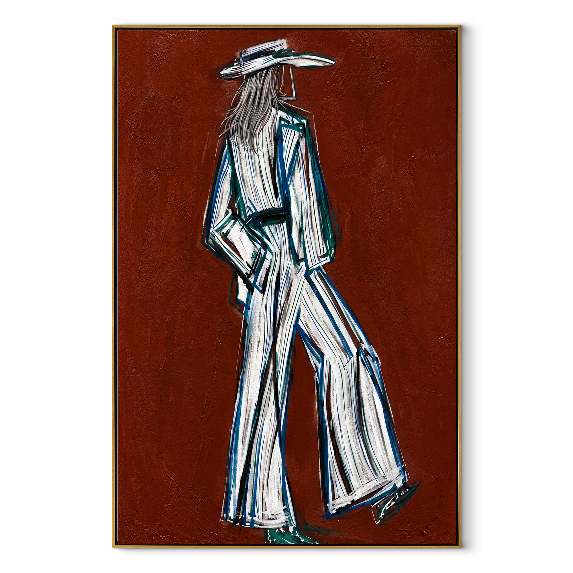 Long Strides Cross Ember - textured white Western figure by Elliot Vale, modern figurative vertical wall art - complete artwork in wood frame on white background