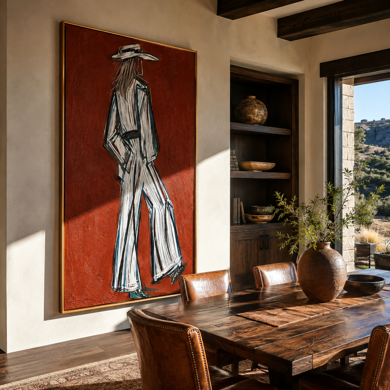 Long Strides Cross Ember - textured white Western figure by Elliot Vale, modern figurative vertical wall art - styled room scene view 2