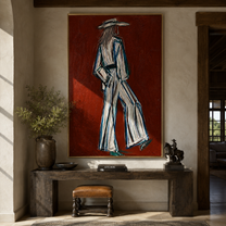 Long Strides Cross Ember - textured white Western figure by Elliot Vale, modern figurative vertical wall art - styled room scene view 3