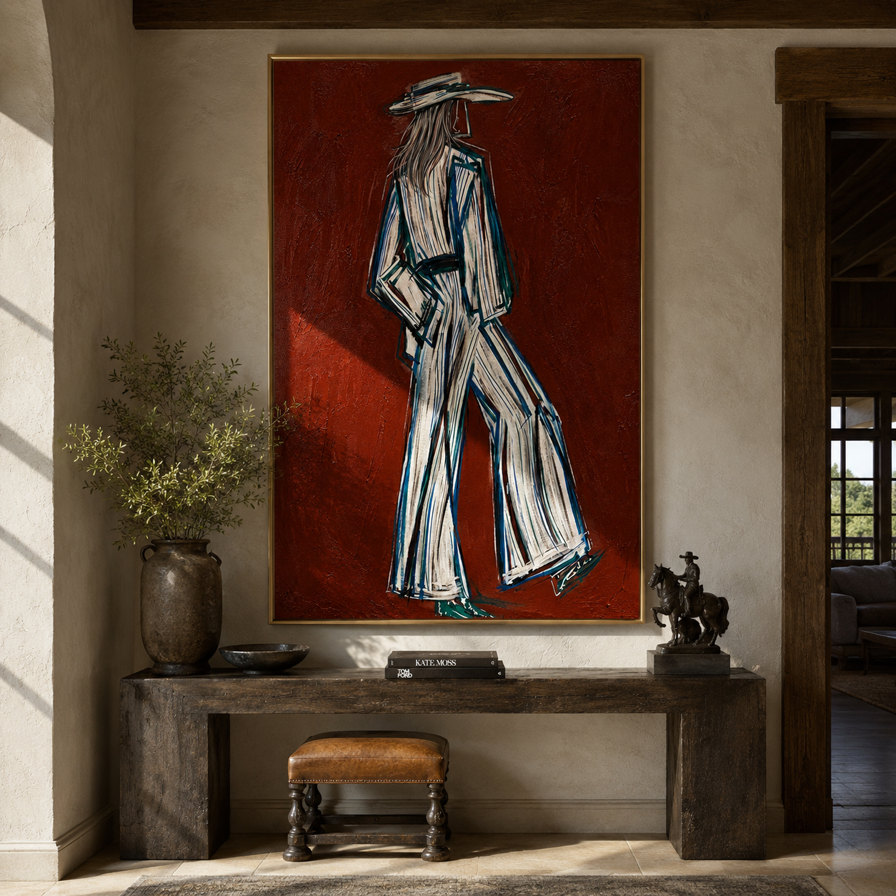 Long Strides Cross Ember - textured white Western figure by Elliot Vale, modern figurative vertical wall art - styled room scene view 3