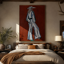 Long Strides Cross Ember - textured white Western figure by Elliot Vale, modern figurative vertical wall art - styled room scene view 4