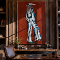 Long Strides Cross Ember - textured white Western figure by Elliot Vale, modern figurative vertical wall art - styled room scene view 5