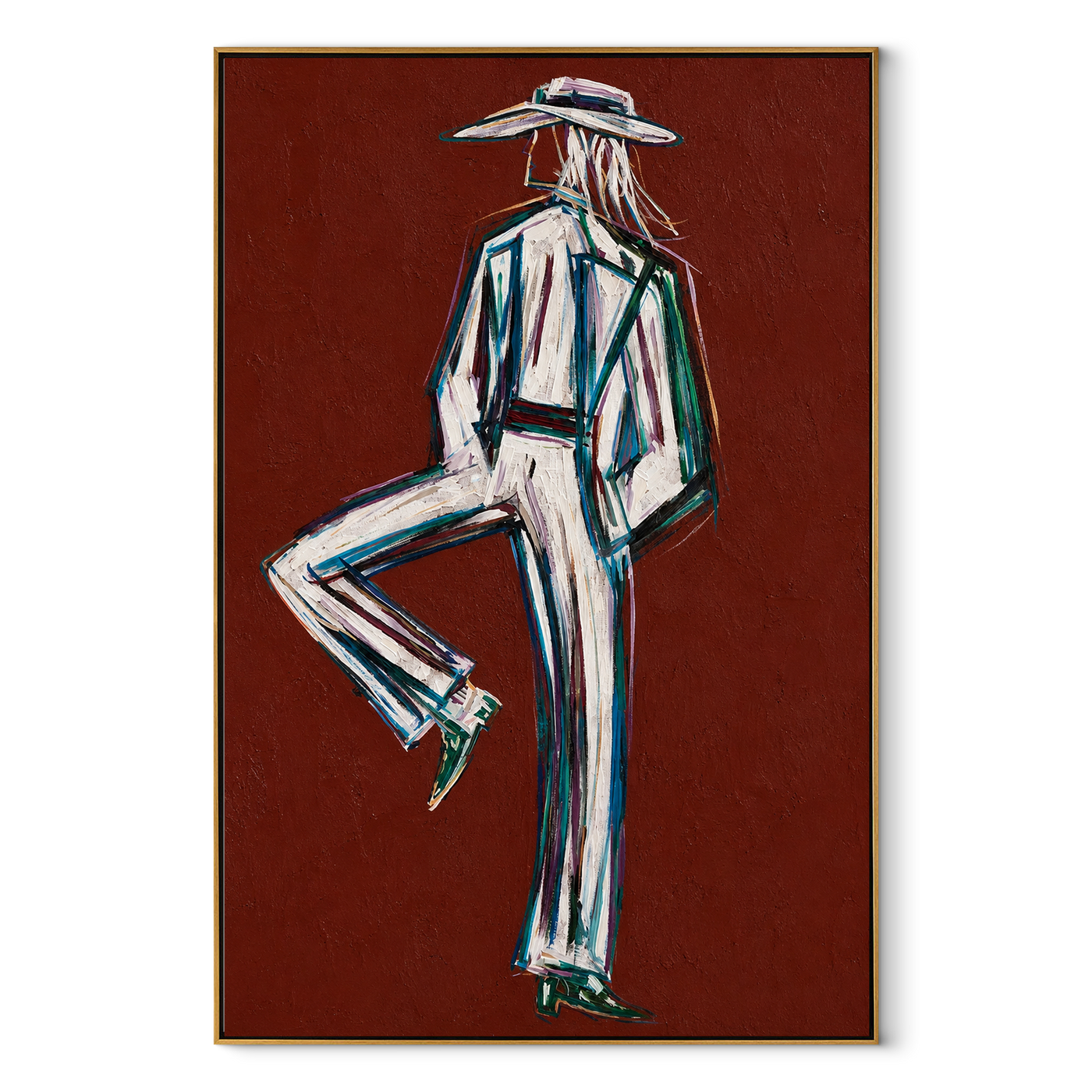 One Heel Holds Still - textured white Western figure by Elliot Vale, modern figurative vertical wall art - complete artwork in wood frame on white background