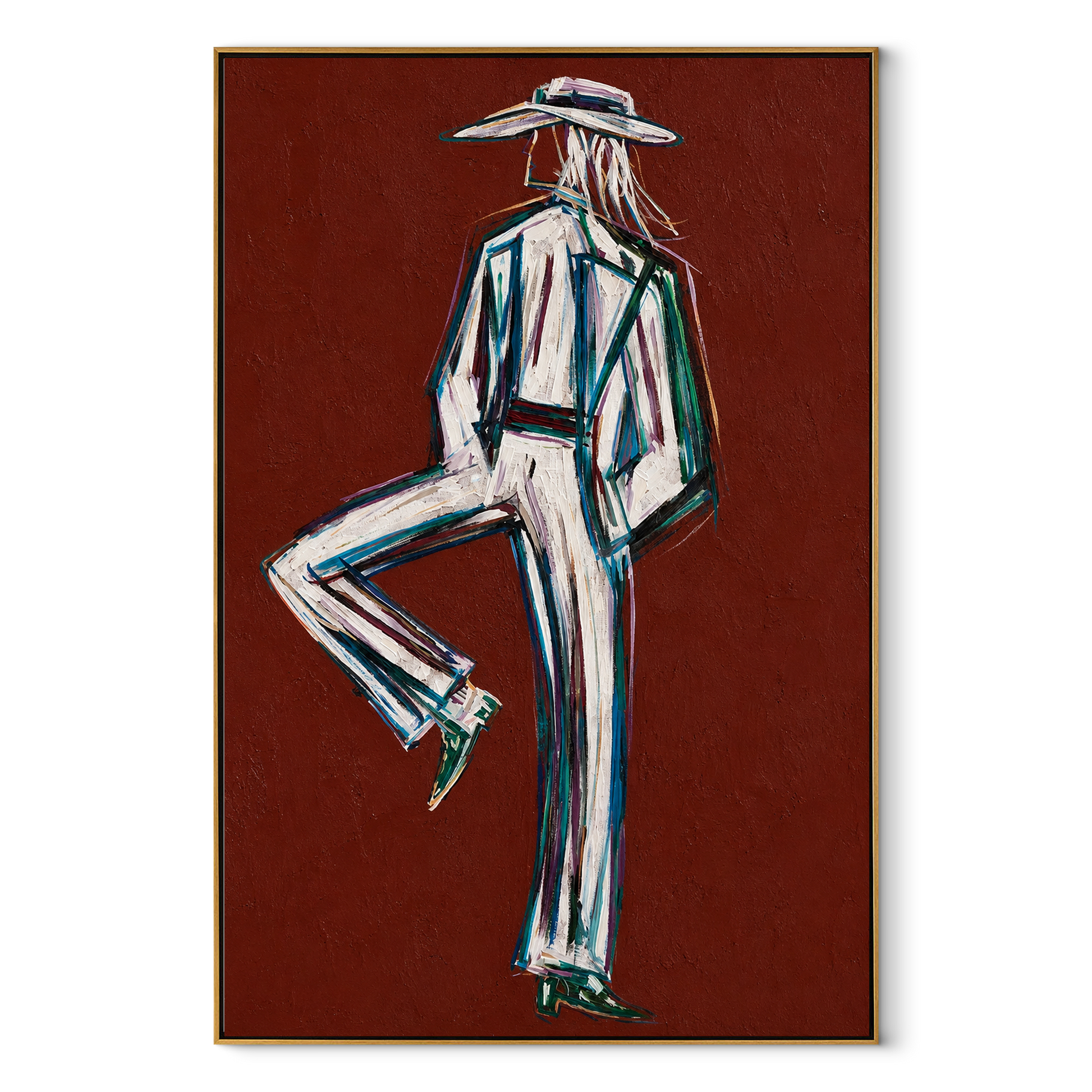 One Heel Holds Still - textured white Western figure by Elliot Vale, modern figurative vertical wall art - complete artwork in wood frame on white background