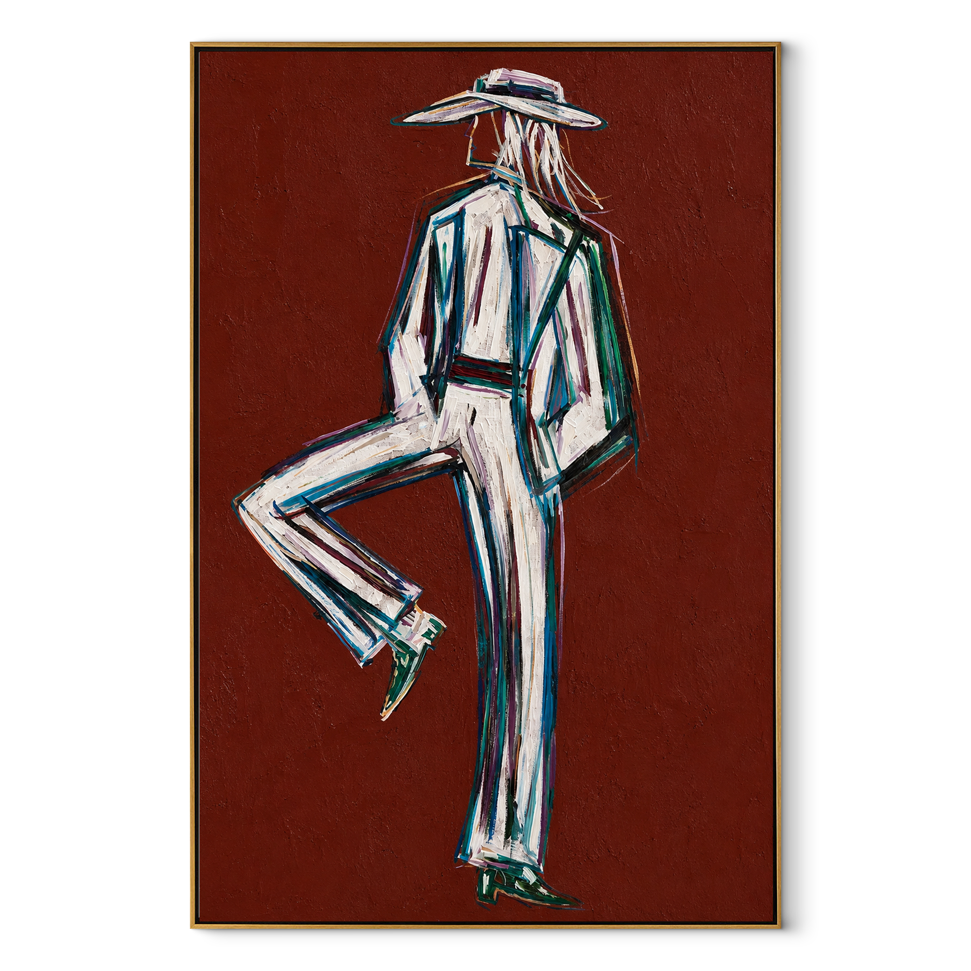 One Heel Holds Still - textured white Western figure by Elliot Vale, modern figurative vertical wall art - complete artwork in wood frame on white background