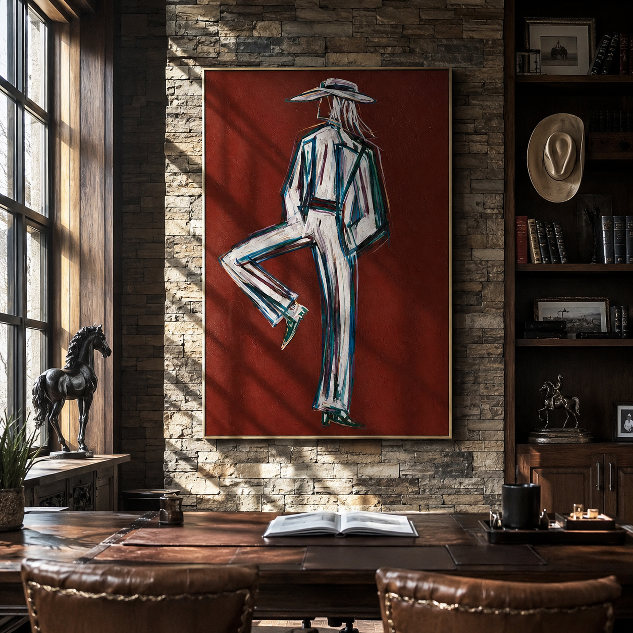 One Heel Holds Still - textured white Western figure by Elliot Vale, modern figurative vertical wall art - styled room scene view 2