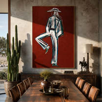One Heel Holds Still - textured white Western figure by Elliot Vale, modern figurative vertical wall art - styled room scene view 4
