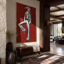 One Heel Holds Still - textured white Western figure by Elliot Vale, modern figurative vertical wall art - styled room scene view 5